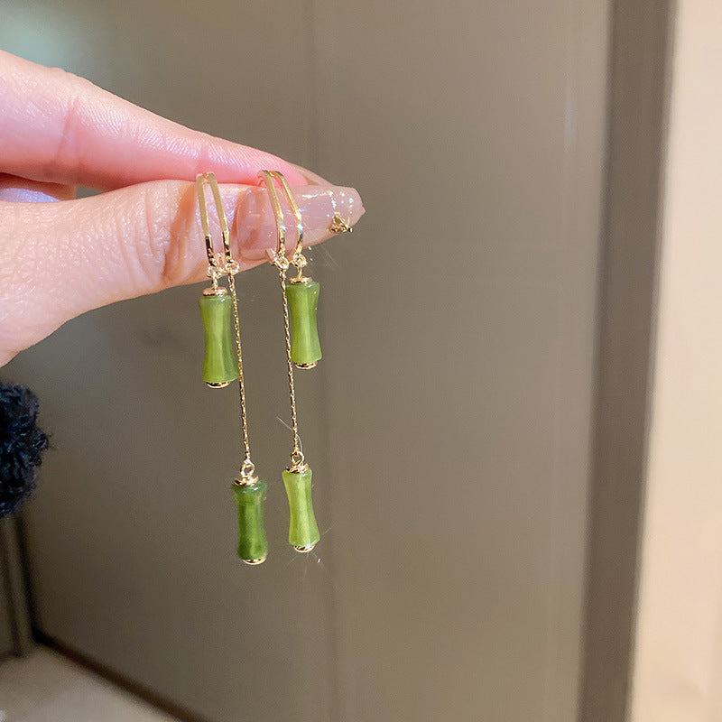 Wholesale New Chinese Style Green Bamboo Tassel Alloy Earrings